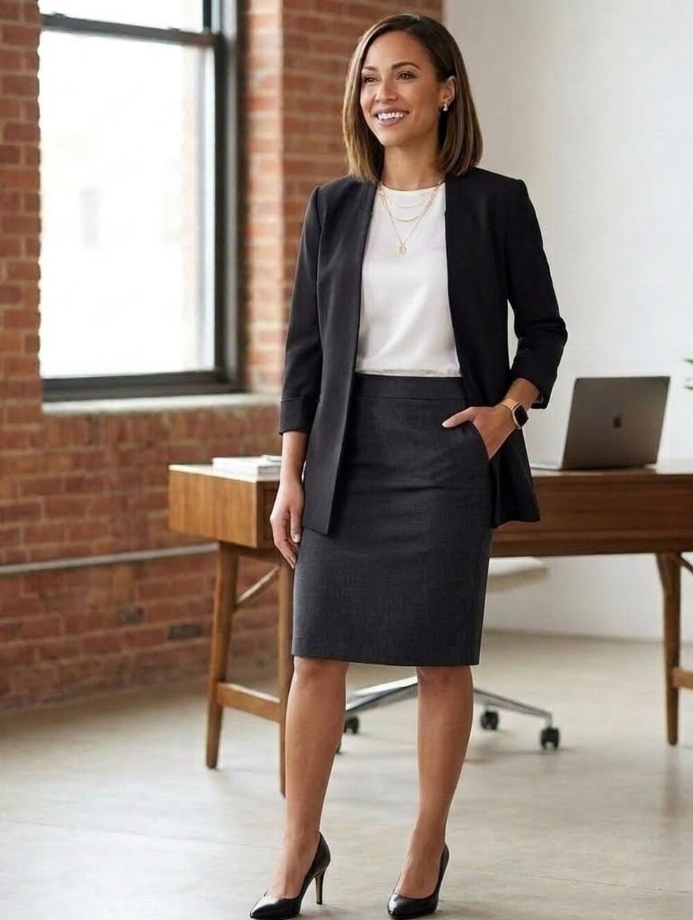 Anne Klein Black Open Front Longline Topper Blazer Jacket Duster Cuffed